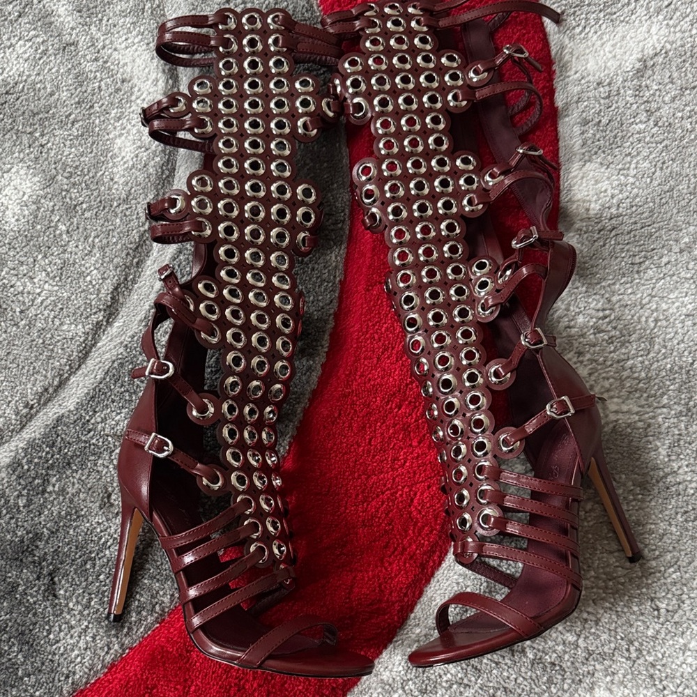 Elegant Burgundy Gladiator Heels Women Size US 8